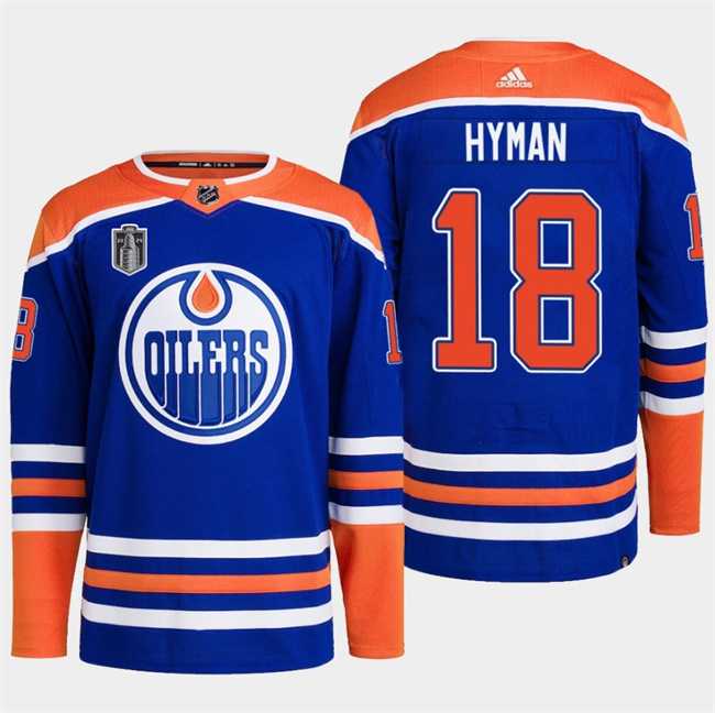 Mens Edmonton Oilers #18 Zach Hyman Royal 2024 Stanley Cup Final Patch Stitched Jersey Dzhi